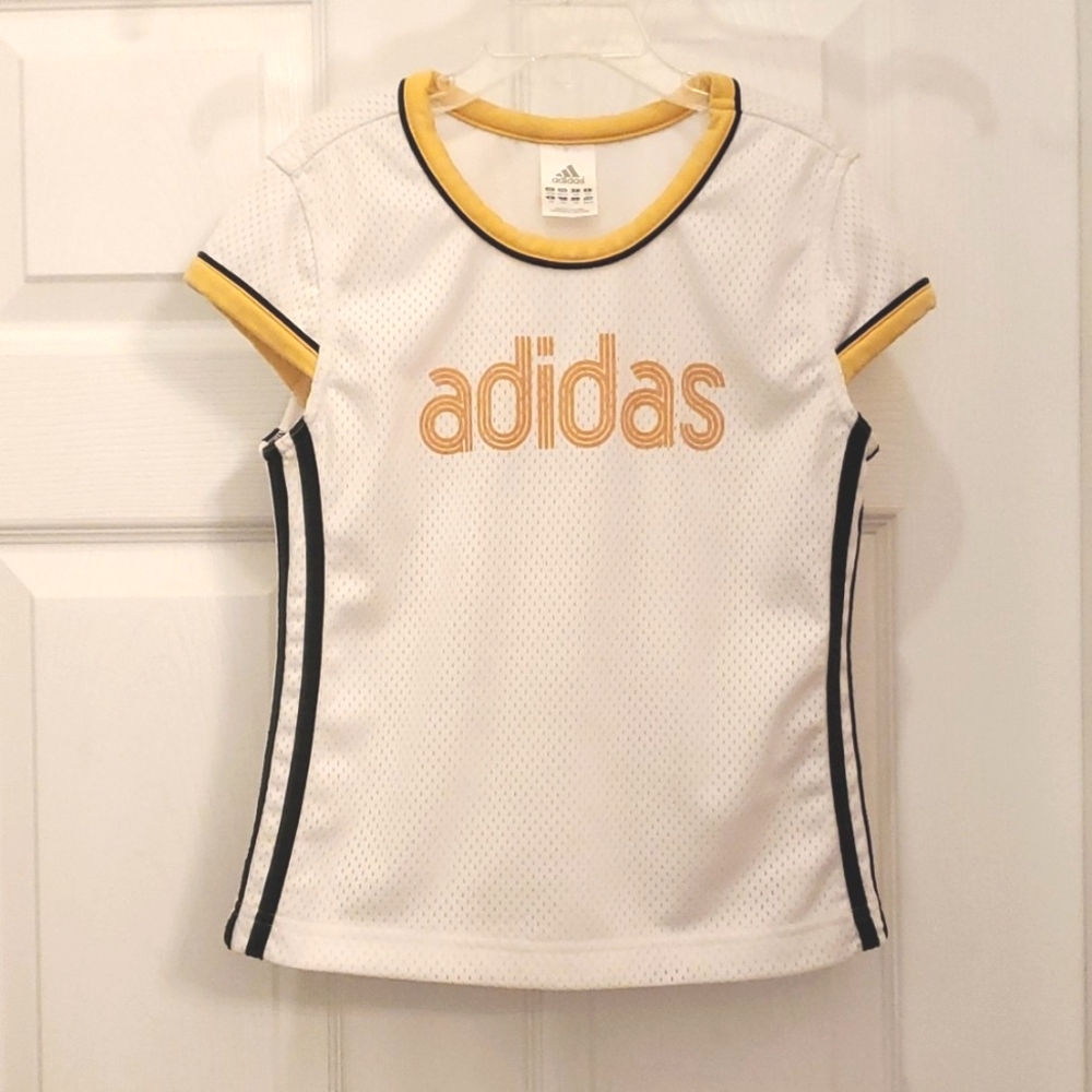 Adidas Girl's Cute Cap Sleeve Jersey Top White with Yellow & Navy